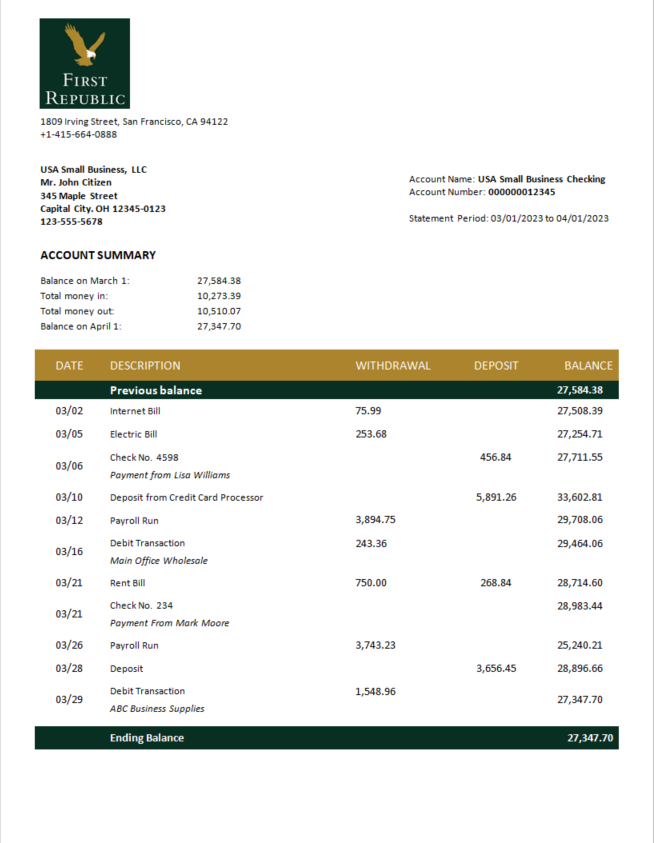 Modèle Word et PDF de déclaration d'entreprise de la First Republic Bank